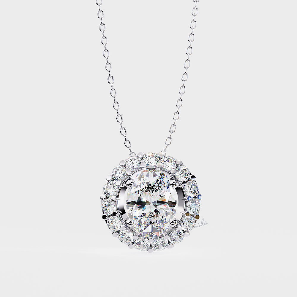 Certified IGI GLI oval & round cut lab grown diamond halo solitaire pendant with chain in white gold and platinum